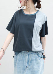 Classy patchwork cotton shirts women short sleeve o neck shirts - SooLinen