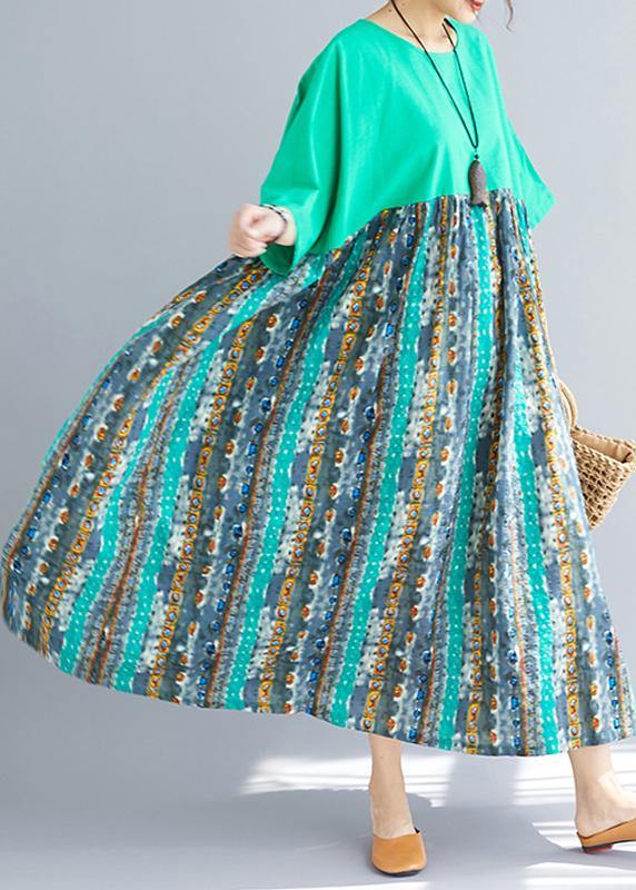 Classy patchwork prints cotton dresses Fashion Ideas green o neck Dresses sundress - SooLinen