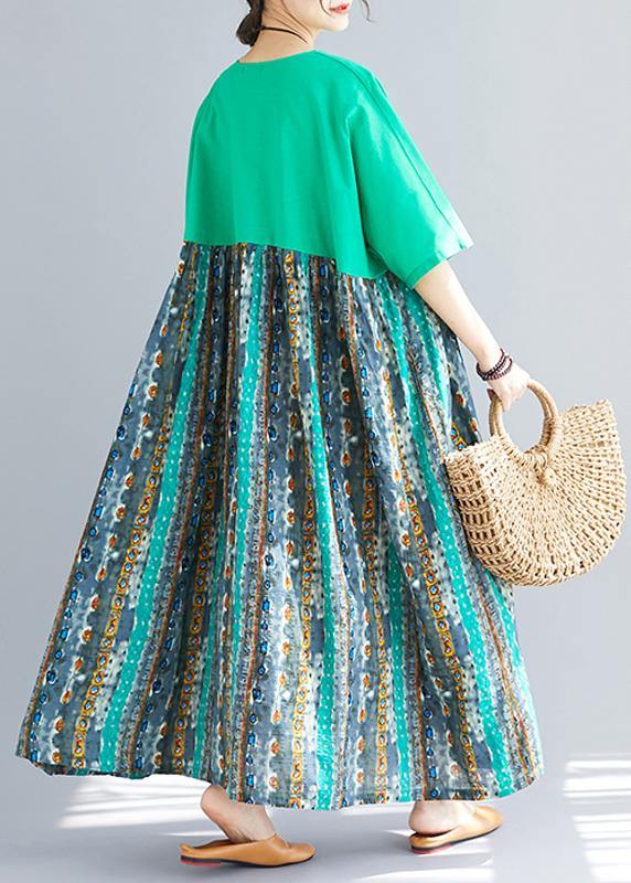 Classy patchwork prints cotton dresses Fashion Ideas green o neck Dresses sundress - SooLinen