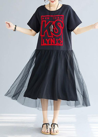 Classy patchwork tulle cotton quilting clothes Sewing black prints A Line Dress summer - SooLinen