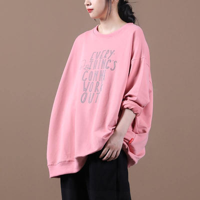 Classy pink Letter tunics for women o neck patchwork oversized top - SooLinen