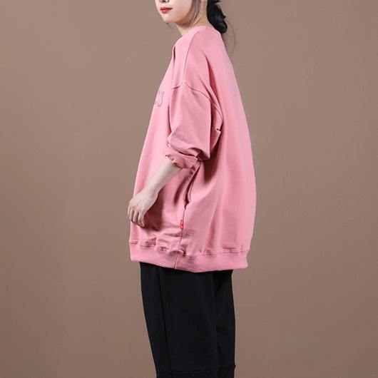 Classy pink Letter tunics for women o neck patchwork oversized top - SooLinen