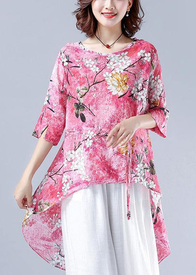Classy pink Plant printing clothes For Women o neck asymmetric tops - SooLinen