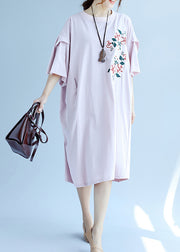 Elegantes rosafarbenes Leinenkleid Modehemden O-Hals-Stickerei Robe Sommerkleider