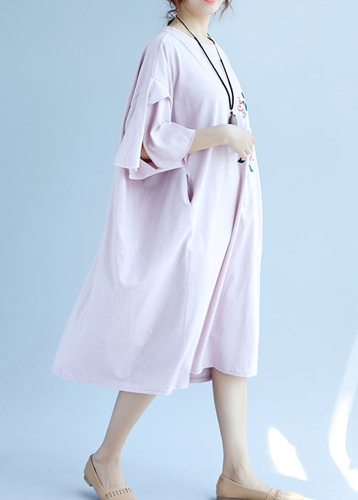 Classy pink linen dress Fashion Shirts o neck embroidery Robe Summer Dresses
