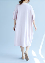 Elegantes rosafarbenes Leinenkleid Modehemden O-Hals-Stickerei Robe Sommerkleider