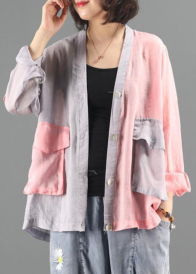 Classy pink patchwork clothes Sewing v neck pockets blouses - SooLinen
