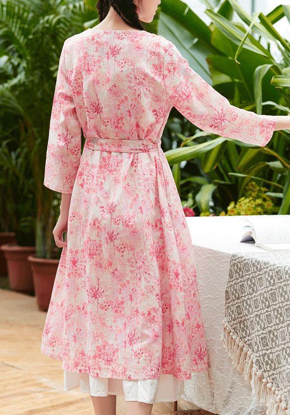 Classy pink print linen clothes v neck tie waist Maxi summer Dress - SooLinen