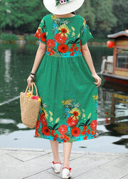 Classy print cotton clothes Women Tutorials green Robe Dress summer - SooLinen
