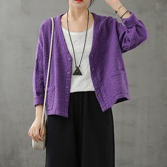 Classy purple Tunic v neck Button Down Dresses fall shirt - SooLinen