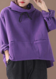 Classy purple cotton top silhouette thick Knee high neck tops - SooLinen