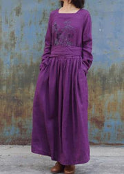 Classy purple linen clothes For Women tie waist loose embroidery Dress - SooLinen