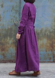 Classy purple linen clothes For Women tie waist loose embroidery Dress - SooLinen
