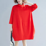Classy red Cotton clothes Indian linen high neck A Line spring Dress
