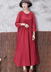 Classy red crop sleeve linen clothes layered Plus Size fall Dress - SooLinen