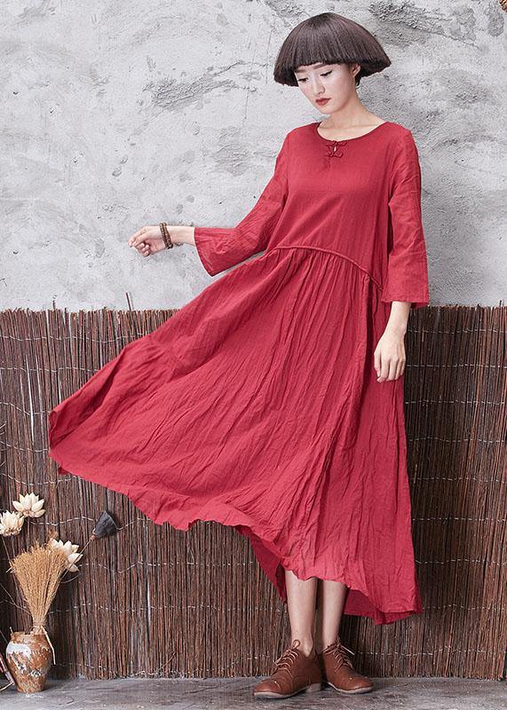 Classy red crop sleeve linen clothes layered Plus Size fall Dress - SooLinen