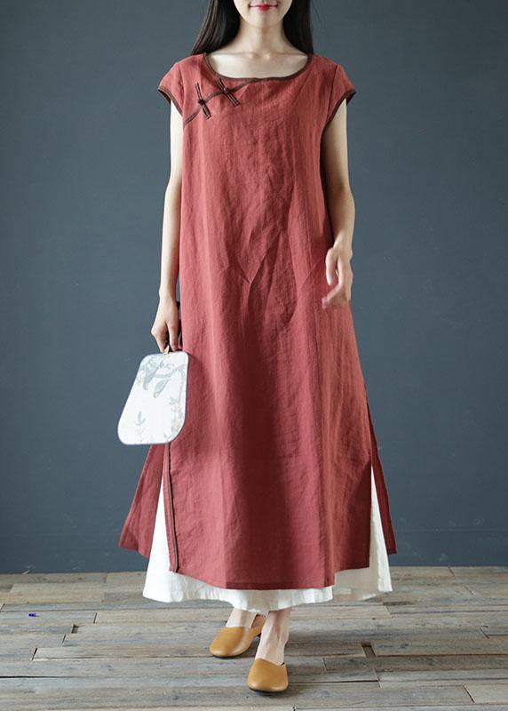 Classy red linen clothes For Women o neck side open long summer Dress - SooLinen