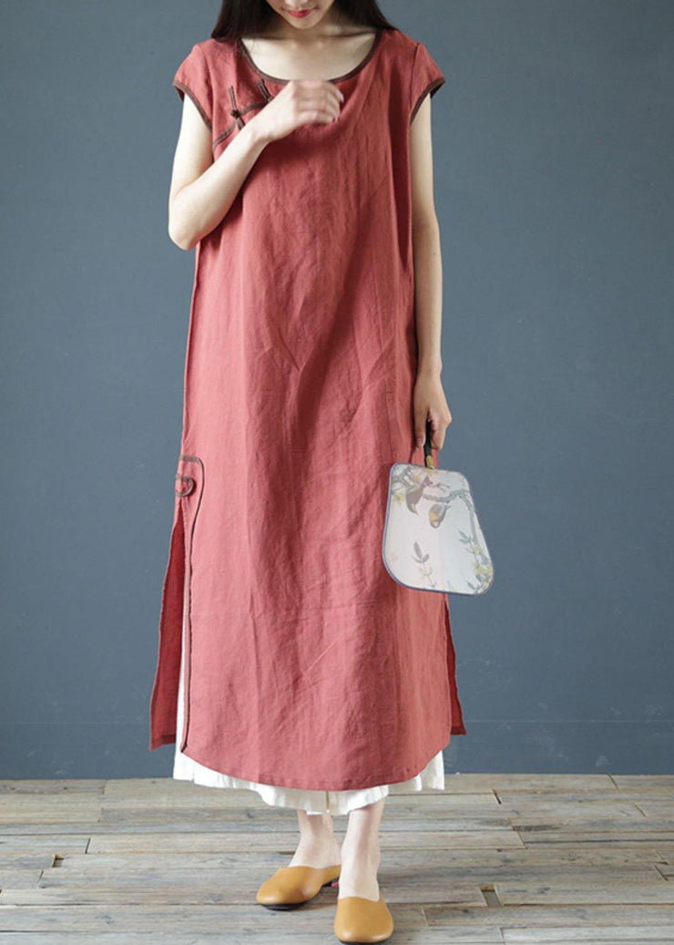 Classy red linen clothes For Women o neck side open long summer Dress - SooLinen