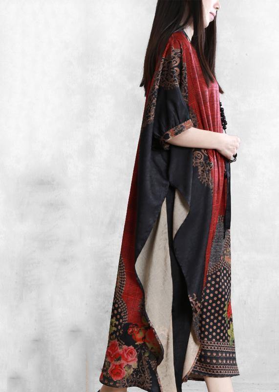 Classy red print clothes Women drawstring asymmetric Maxi Dress - SooLinen