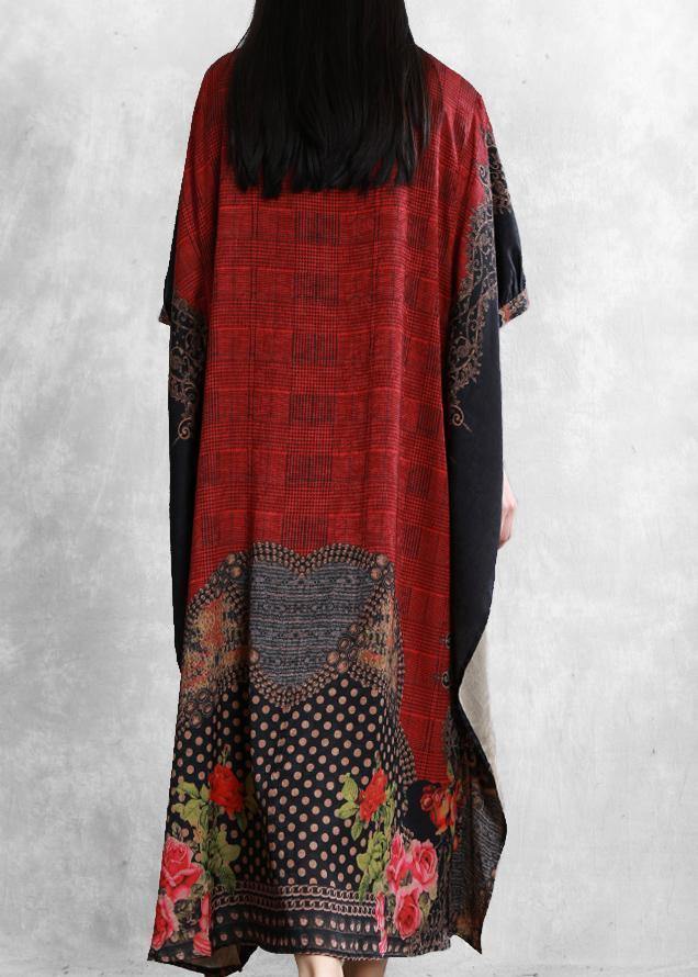 Classy red print clothes Women drawstring asymmetric Maxi Dress - SooLinen