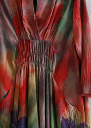 Classy red print dress v neck Cinched long summer Dresses - SooLinen