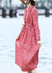 Classy red prints linen clothes v neck Art spring Dresses - SooLinen