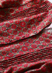 Classy red prints linen clothes v neck Art spring Dresses - SooLinen