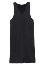 Classy sleeveless cotton dresses Tutorials black v neck long Dresses fall - SooLinen