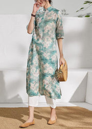 Classy stand collar half sleeve linen summer dresses Outfits green print Dress - SooLinen