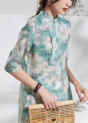 Classy stand collar half sleeve linen summer dresses Outfits green print Dress - SooLinen
