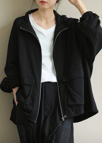 Classy stand collar zippered Fashion clothes For Women black Midi women coats - SooLinen