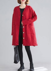 Classy v neck Button Fine Coats Women red daily outwear - SooLinen