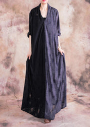 Classy v neck asymmetric linen outfit black patchwork gray Dress fall - SooLinen