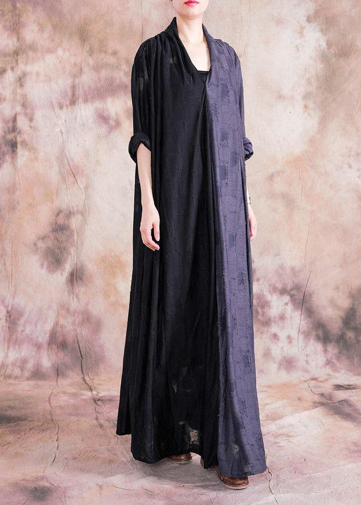 Classy v neck asymmetric linen outfit black patchwork gray Dress fall - SooLinen