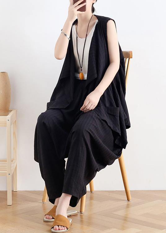 Classy v neck asymmetric linen summer top Neckline black blouse - SooLinen
