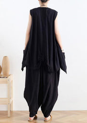 Classy v neck asymmetric linen summer top Neckline black blouse - SooLinen