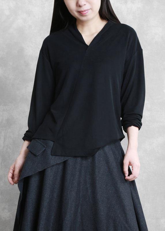 Classy v neck asymmetric tunic top Photography black shirts - SooLinen