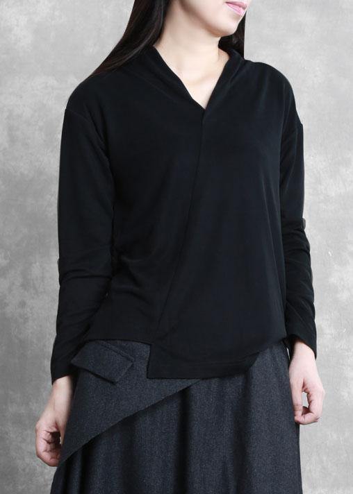 Classy v neck asymmetric tunic top Photography black shirts - SooLinen