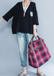 Classy v neck cotton tops black prints shirts summer - SooLinen
