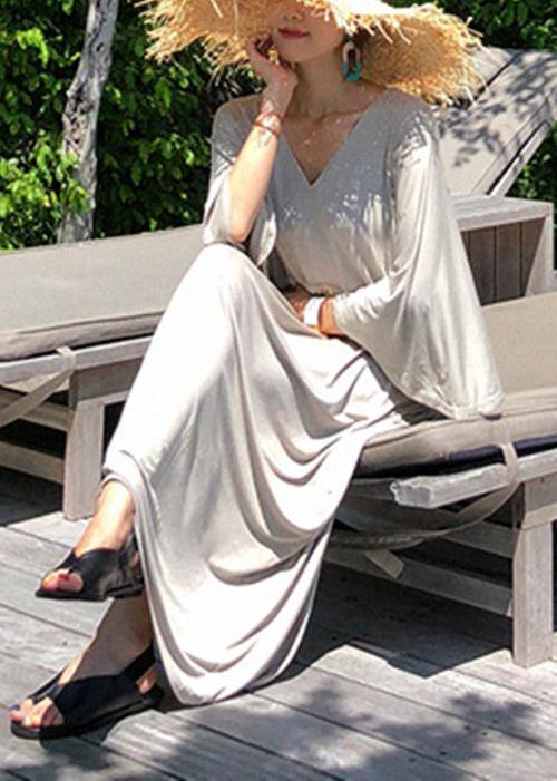 Classy v neck drawstring cotton clothes gray Maxi Dresses - SooLinen