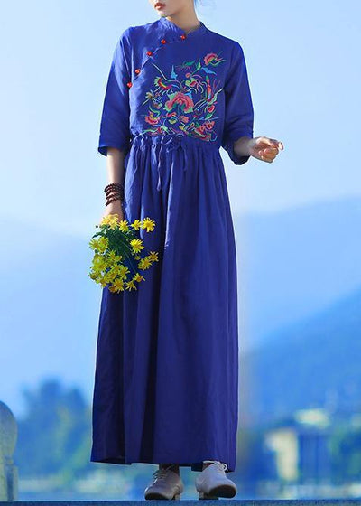 Classy v neck drawstring linen dress Shape blue embroidery Dresses summer - SooLinen