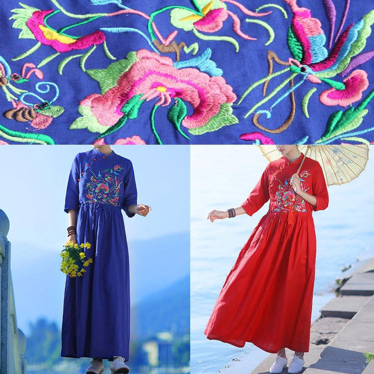 Classy v neck drawstring linen dress Shape blue embroidery Dresses summer - SooLinen