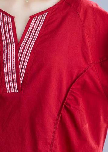 Classy v neck half sleeve cotton Blouse Work red blouse summer - SooLinen