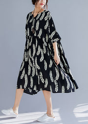 Classy v neck large hem linen clothes For Women Plus Size Catwalk black print cotton Dresses Summer