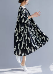 Elegante Leinenkleidung mit V-Ausschnitt, großem Saum für Damen, Übergröße, Laufsteg, schwarze Baumwollkleider, Sommer