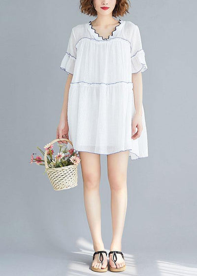 Classy v neck patchwork clothes pattern white Dress summer - SooLinen