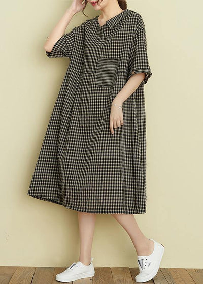 Classy v neck patchwork linen summer clothes For Women Tutorials black plaid Dress - SooLinen