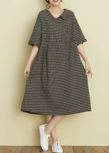 Classy v neck patchwork linen summer clothes For Women Tutorials black plaid Dress - SooLinen
