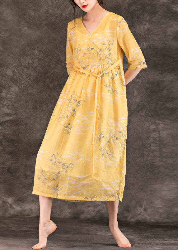 Classy v neck pockets linen dresses 2019 Work Outfits yellow print Maxi Dress Summer
