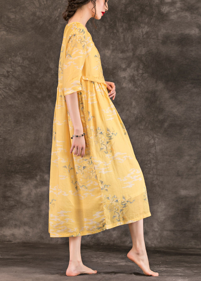 Elegante Leinenkleider mit V-Ausschnitt Taschen 2019 Work Outfits gelb bedrucktes Maxikleid Sommer